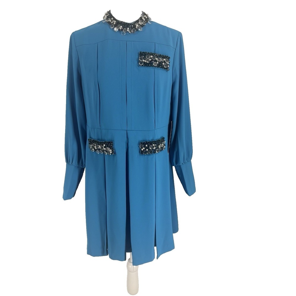 Tuckernuck Womens Hoyt Dress Medium Blue Beaded‎ Neckline and Pockets Cocktail